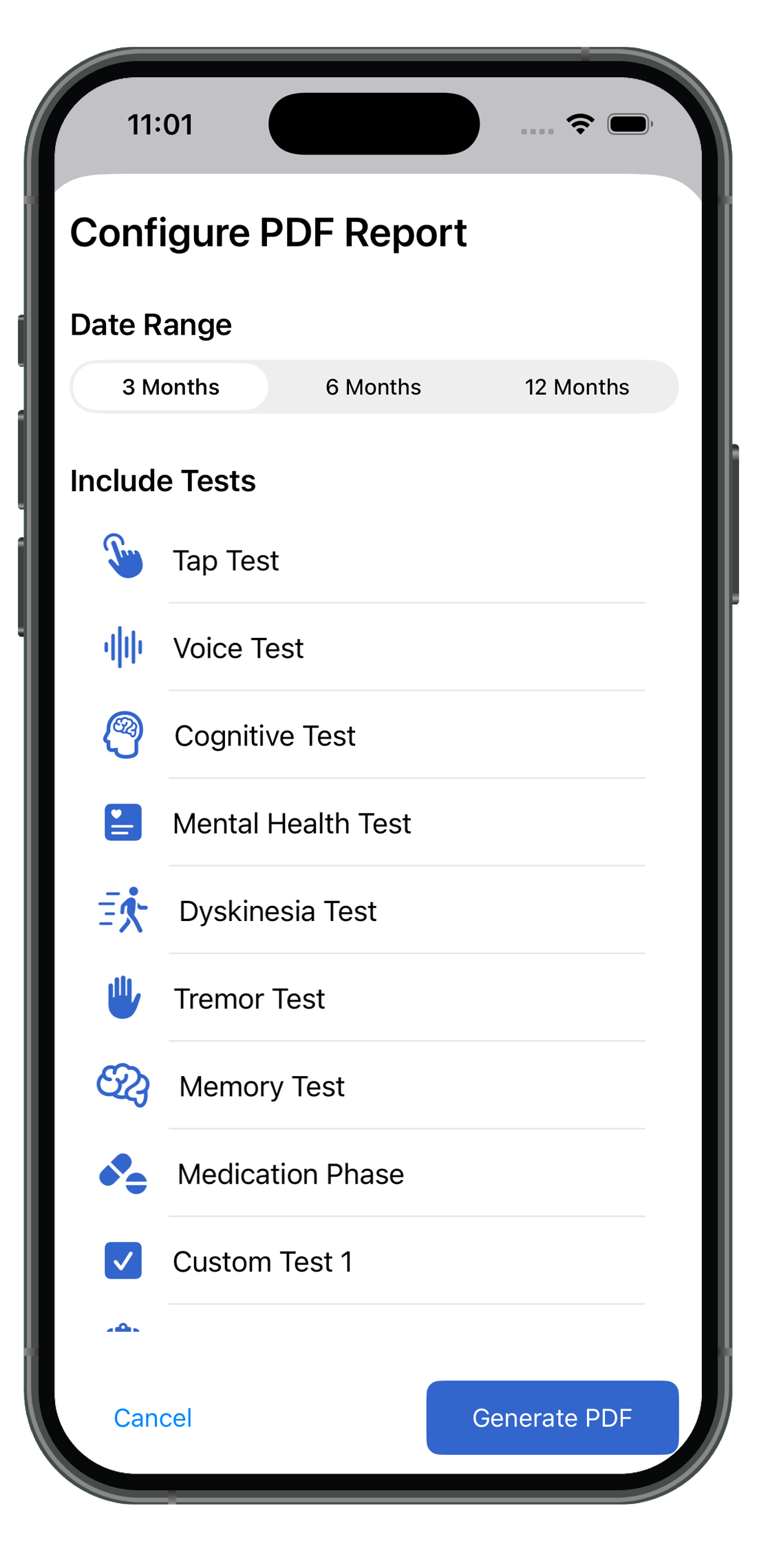 PDF report configuration screen for sharing data with your care team