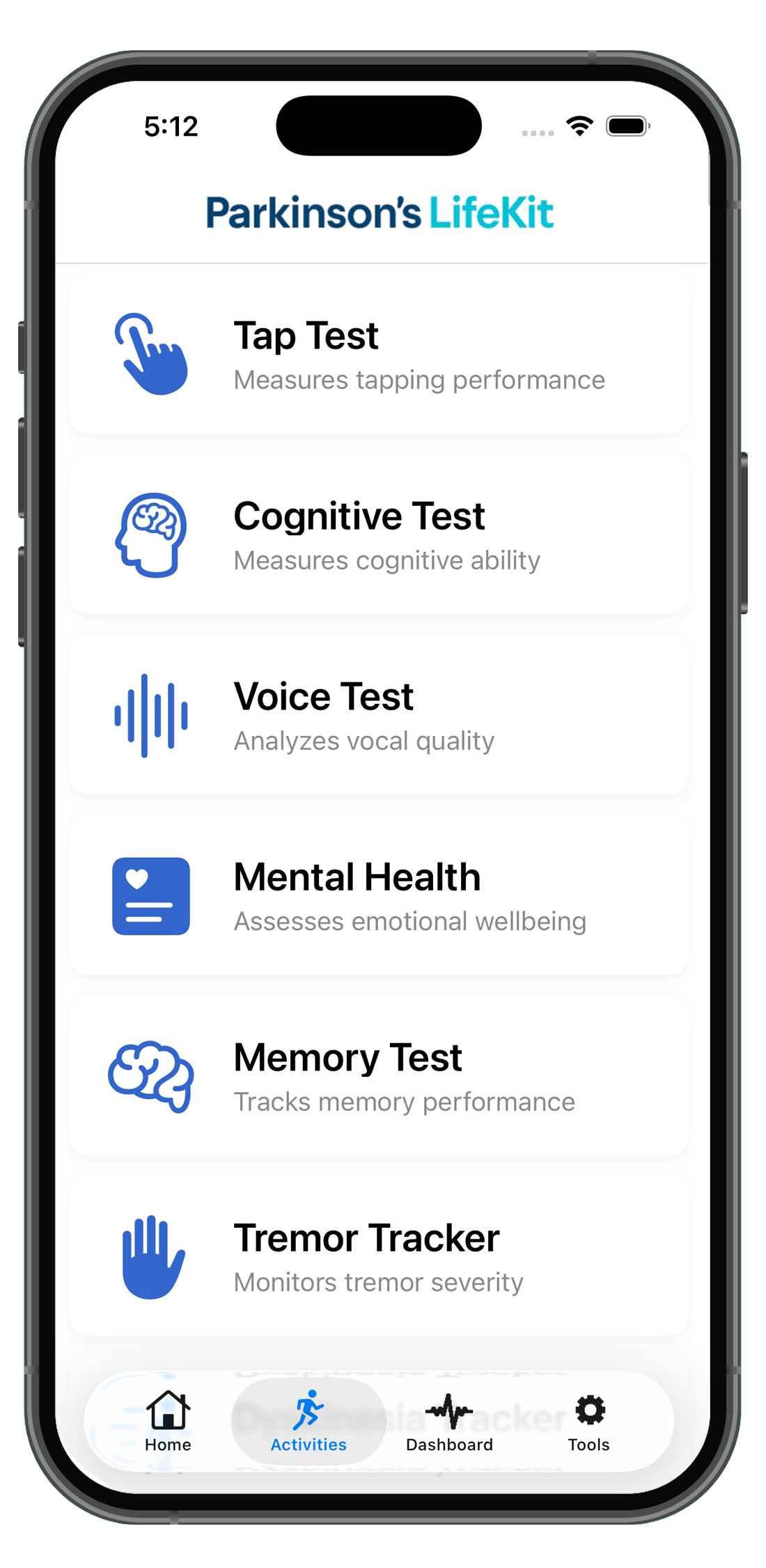 Activities list including Tap Test, Cognitive Test, Voice Test, Mental Health, Memory Test, and Tremor Tracker