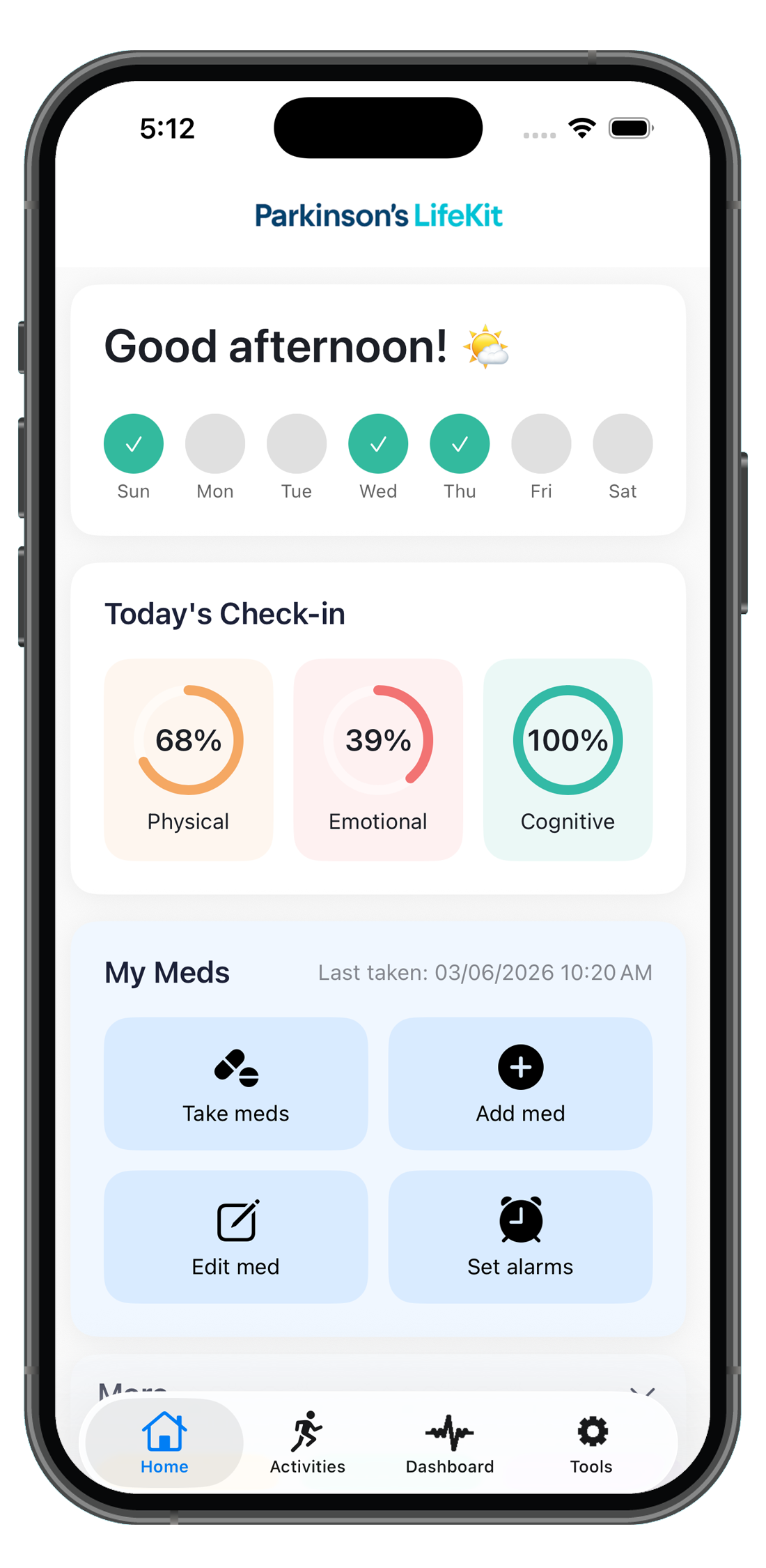 LifeKit home screen with daily check-in rings and quick medication actions
