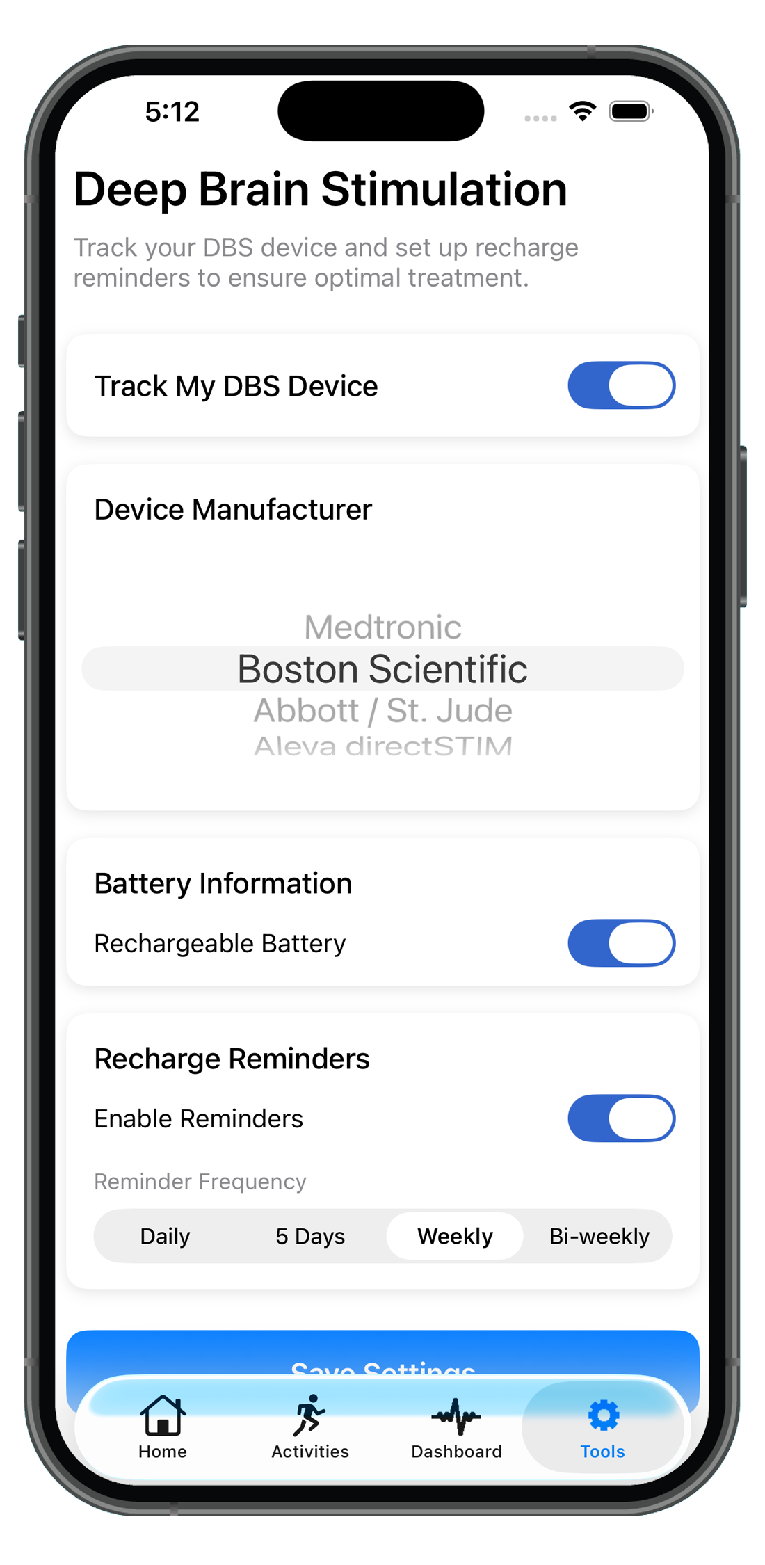 Deep Brain Stimulation tracking and recharge reminders