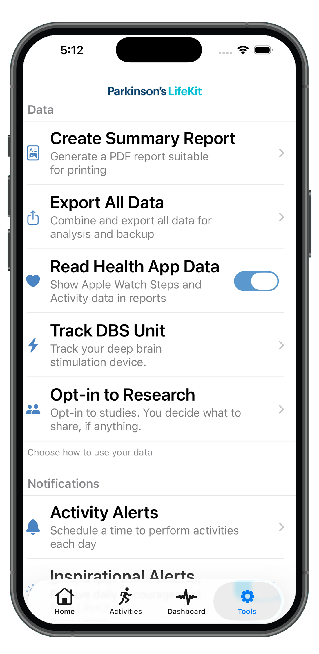 Data management screen for summary reports, exports, and Health app integration
