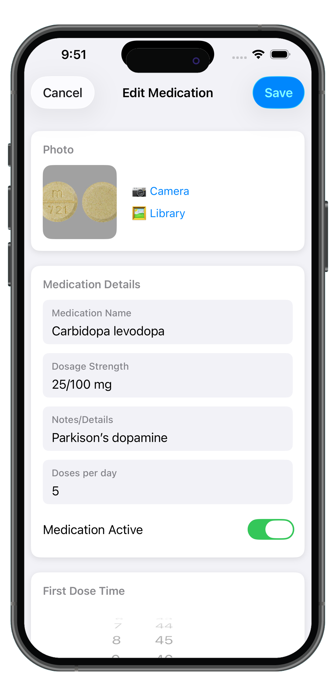 Edit Medication screen with photo, name, dose, and active toggle