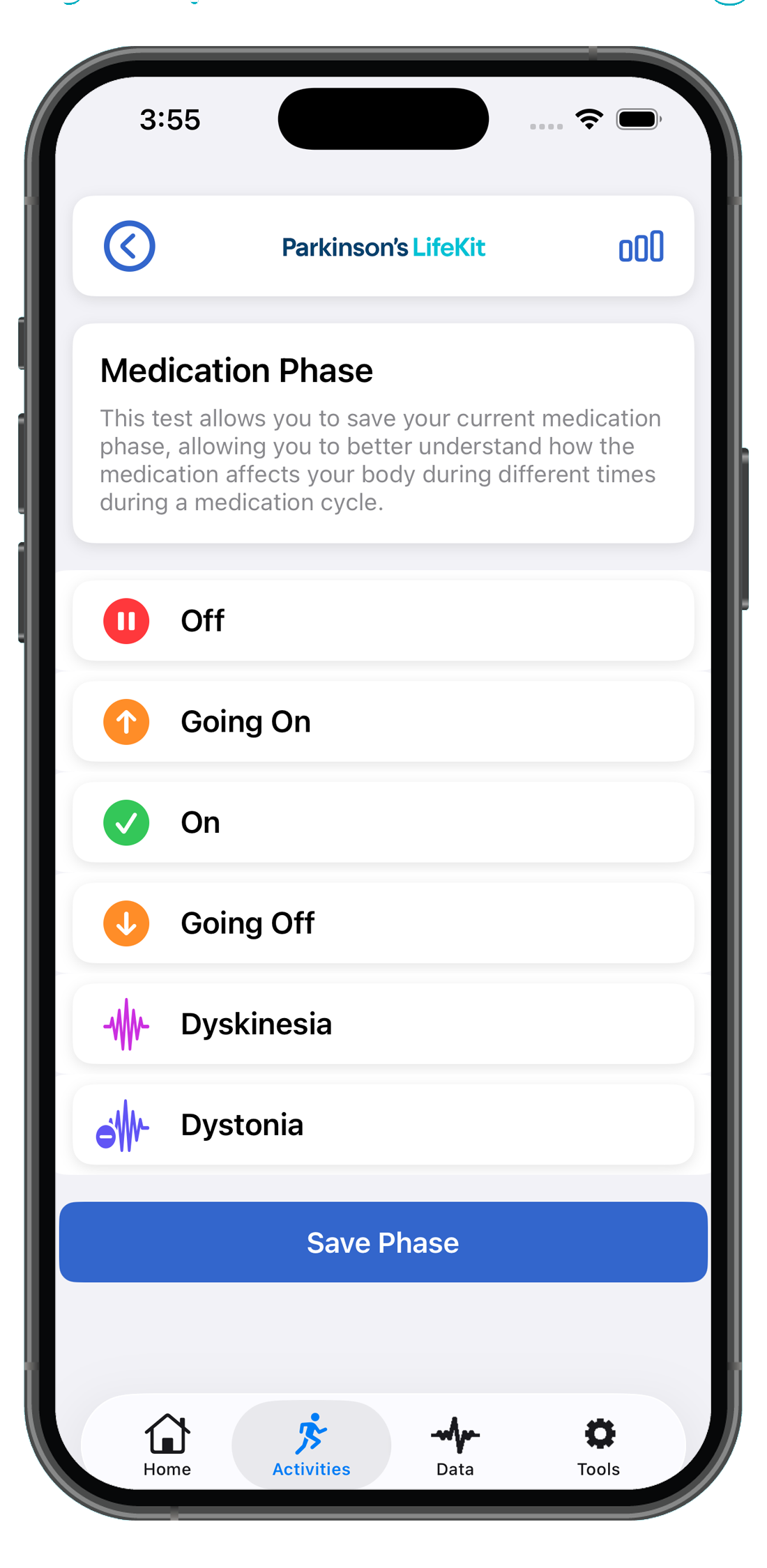 Medication phase tracking with Off, Going On, On, and Going Off states