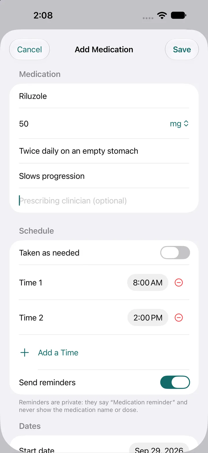 Add Medication screen with name, dose, timing, and reminder settings