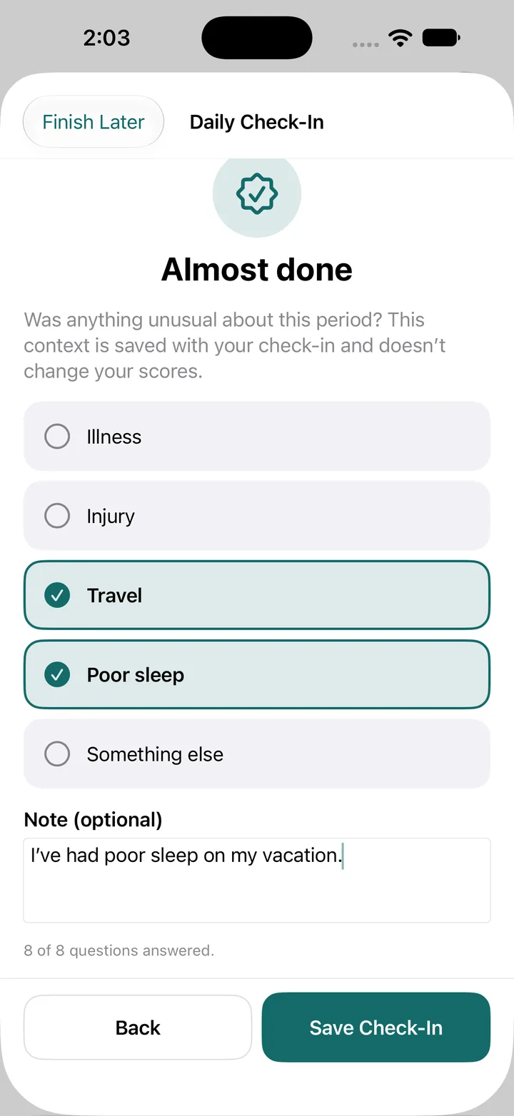 Almost done screen with context options and an optional note