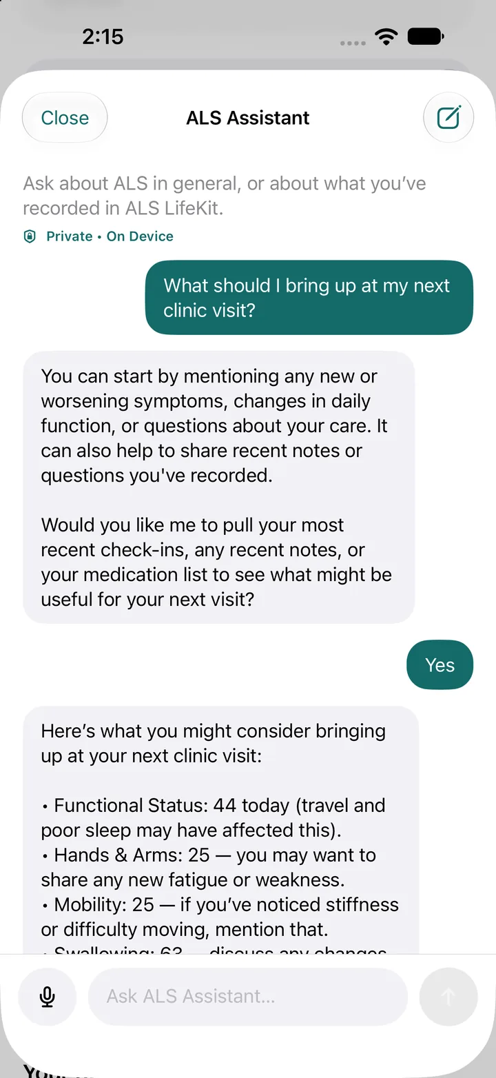 ALS Assistant chat offering to summarize recent check-ins for a clinic visit