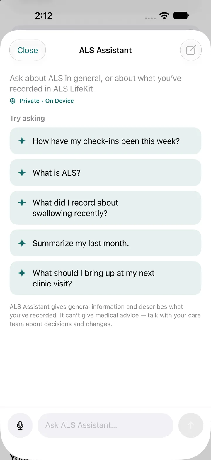 ALS Assistant start screen with suggested questions