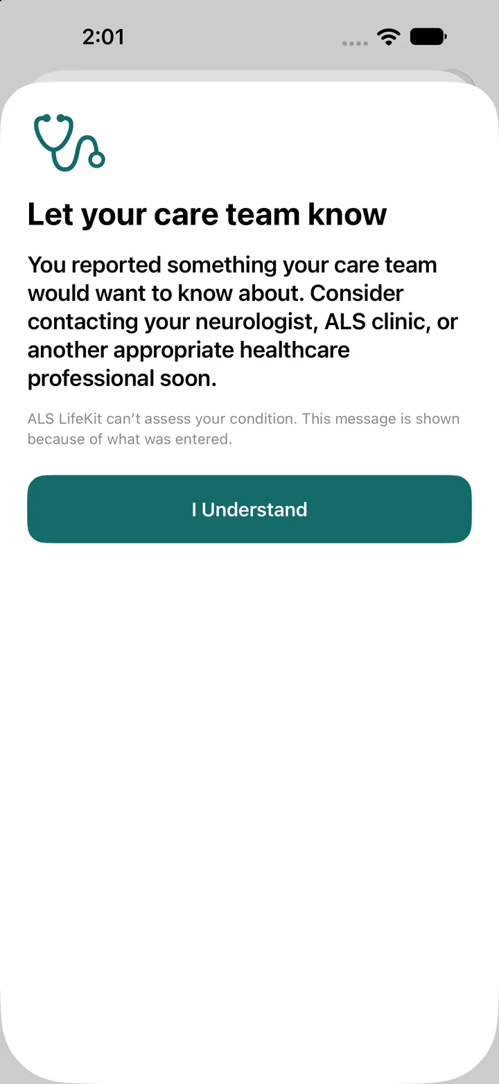 Let your care team know screen, suggesting contacting a neurologist or ALS clinic