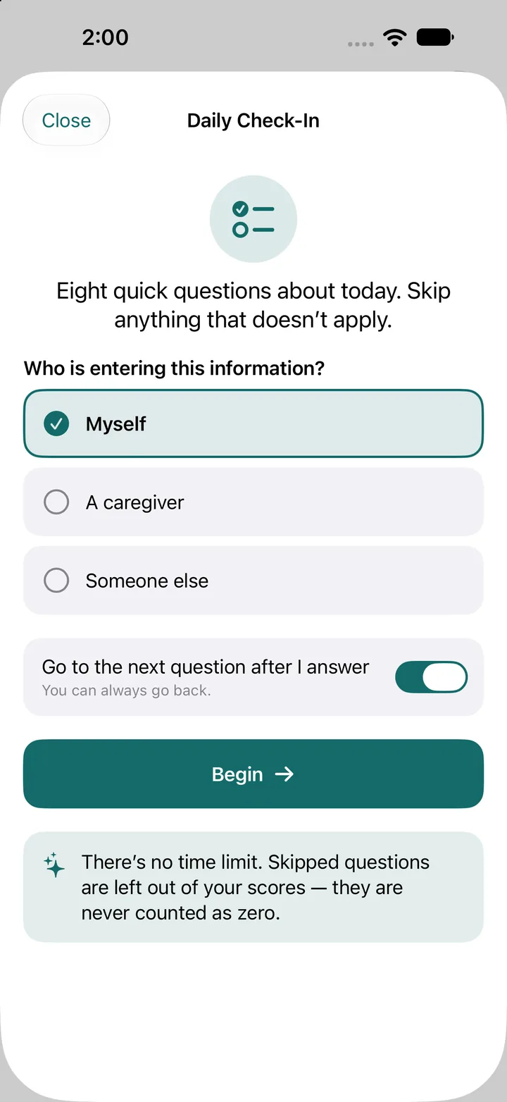 Daily Check-In start screen asking who is entering the information