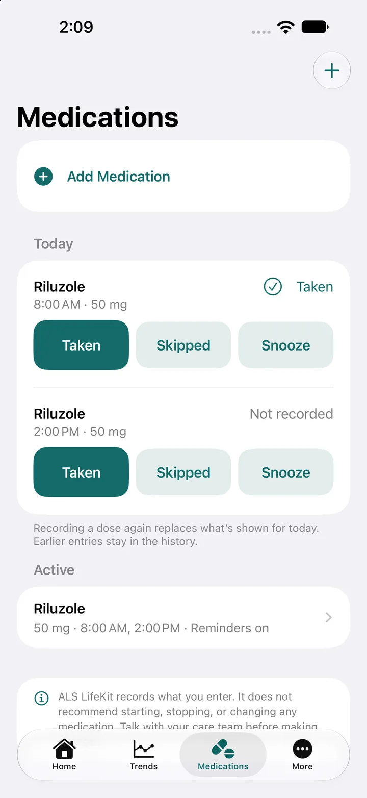 Medications screen listing today's doses with taken, skipped, and snooze buttons
