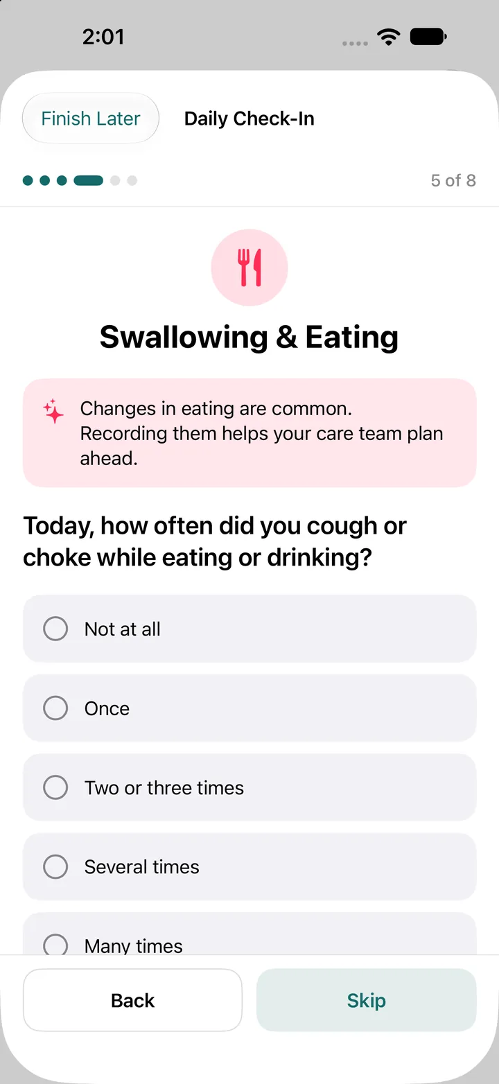 Swallowing and eating question about coughing or choking while eating
