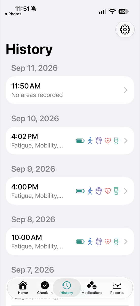 History screen listing past check-ins by date