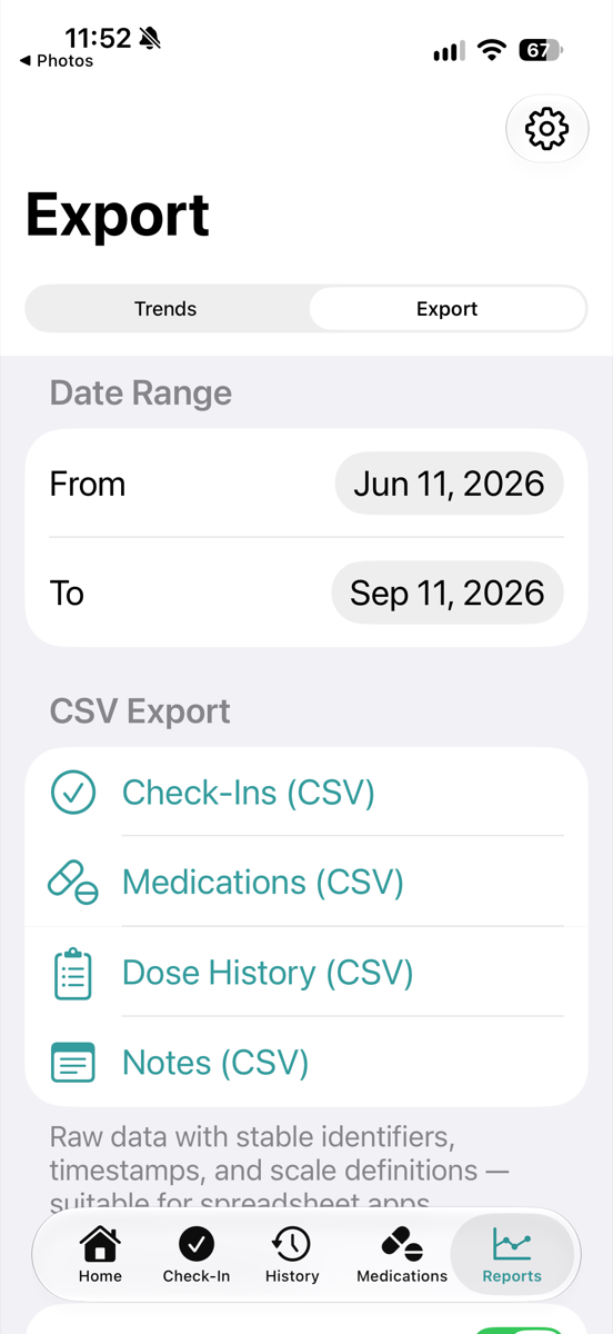 Export screen offering check-ins, medications, dose history and notes as CSV