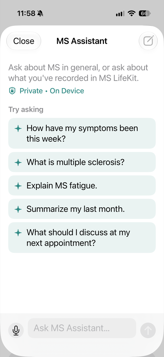 MS Assistant with suggested questions and a Private, On Device label