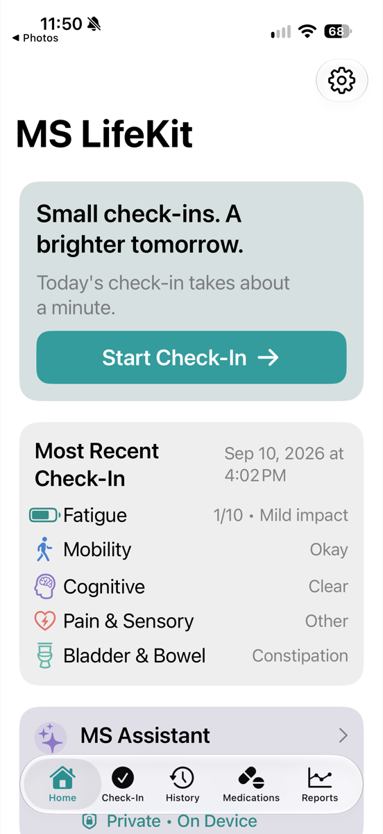 Home screen with the latest check-in summary