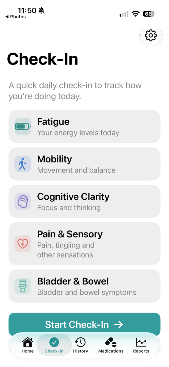 Check-in screen listing fatigue, mobility, cognitive clarity, pain and bladder categories