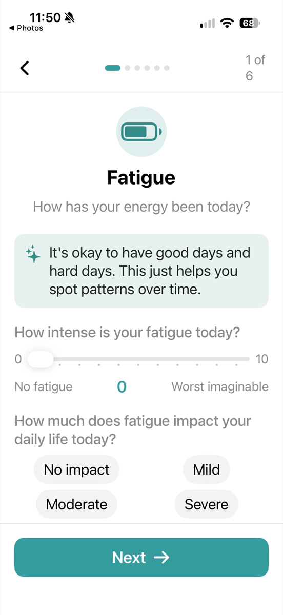 Fatigue check-in with an intensity slider and impact choices