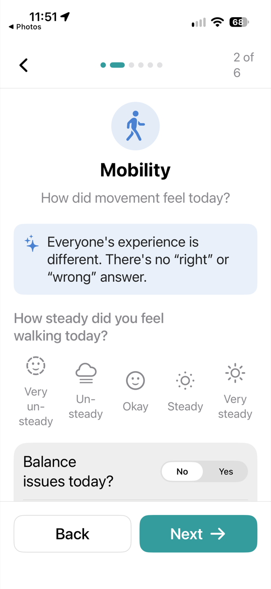 Mobility check-in asking how steady you felt walking